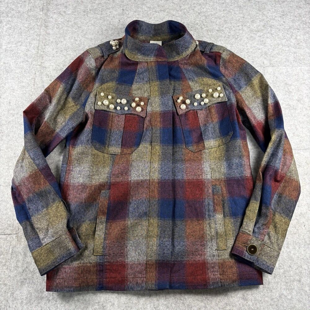 Vintage CAbi Collage Plaid Embellished Pearl Cotton Full Zip Jacket Womens Small